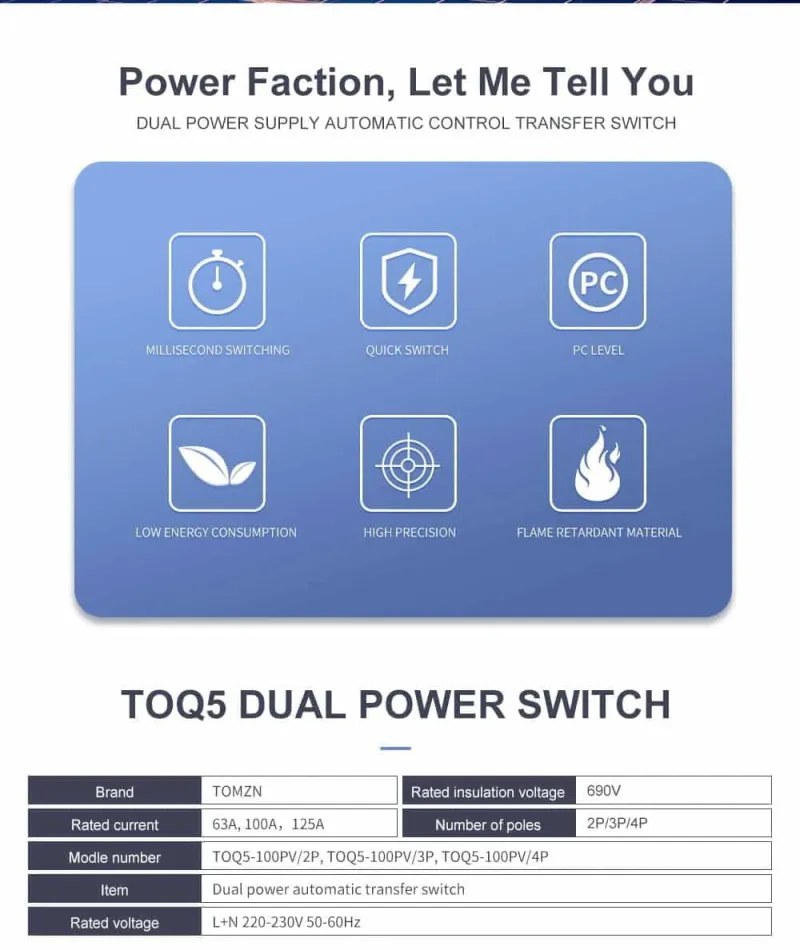 TOMZN 63/100A Automatic ATS | Solar/Generator Transfer Switch - 220V, UPS Concept | Seamless Power Backup for Homes & Bu