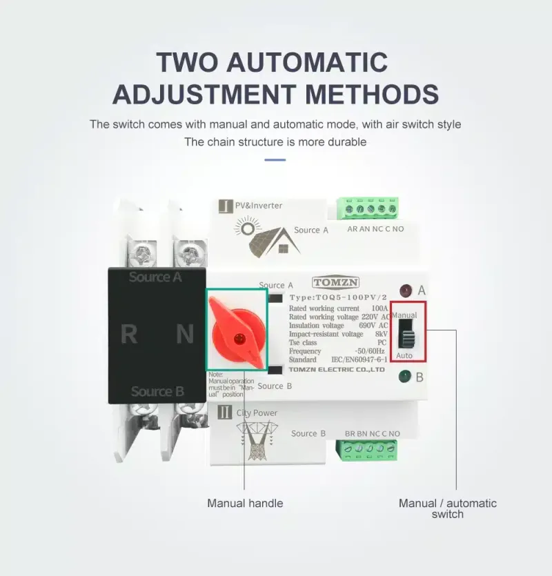 TOMZN 63/100A Automatic ATS | Solar/Generator Transfer Switch - 220V, UPS Concept | Seamless Power Backup for Homes & Bu
