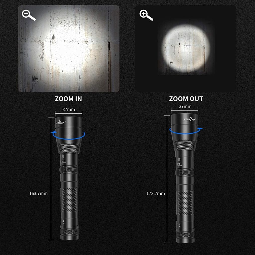 PEETPEN L45 Flashlight: 900lm, 0.5Km Beam, USB Rechargeable, IPX6 Waterproof, Aluminium Alloy; Camping, Outdoors, Emerge