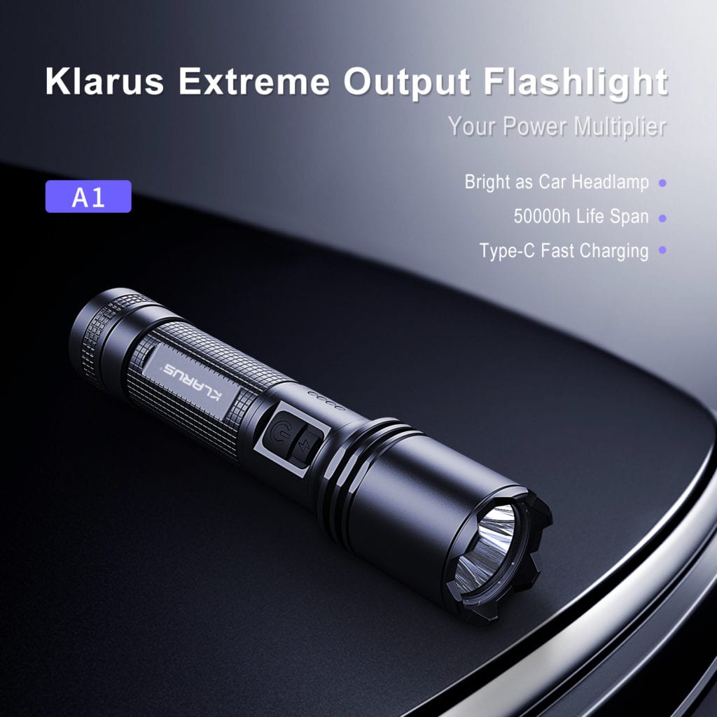 Klarus A1 Flashlight | 1100 Lumens, 230m Beam | USB-C Rechargeable, Camping, Emergency | Aluminum Alloy, IPX6 Waterproof