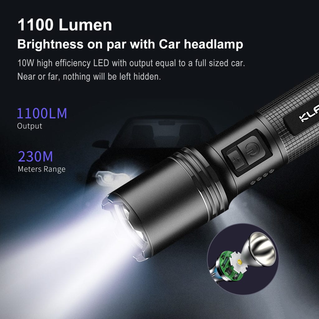 Klarus A1 Flashlight | 1100 Lumens, 230m Beam | USB-C Rechargeable, Camping, Emergency | Aluminum Alloy, IPX6 Waterproof
