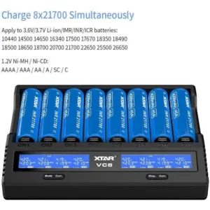 XTAR VC8 Charger: 8-Channel Fast Charge Li-ion/NiMH, QC3.0 USB-C, LCD Display, AA/AAA, 18650/21700 Batteries