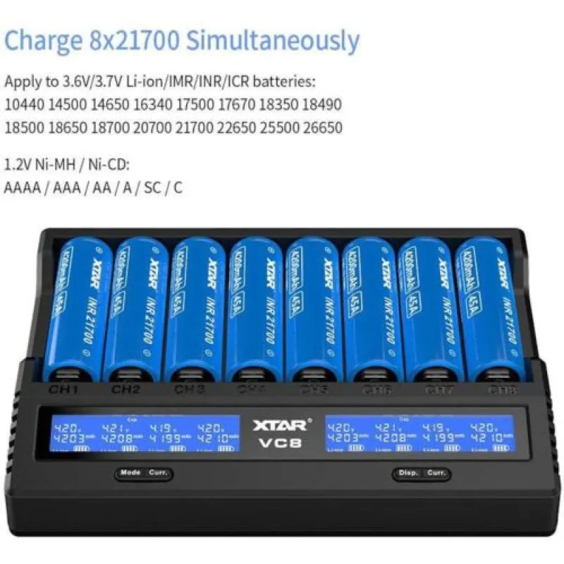 XTAR VC8 Charger: 8-Channel Fast Charge Li-ion/NiMH, QC3.0 USB-C, LCD Display, AA/AAA, 18650/21700 Batteries in Kenya