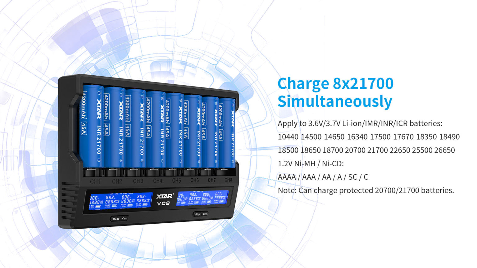 XTAR VC8 Charger: 8-Channel Fast Charge Li-ion/NiMH, QC3.0 USB-C, LCD Display, AA/AAA, 18650/21700 Batteries in Kenya