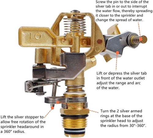 Brass Impact Sprinkler Head | 1/2" Heavy Duty Orbit Sprinkler | 0-360° Adjustable Lawn Watering | Yard, Grass & Garden Irrigation - photo 2