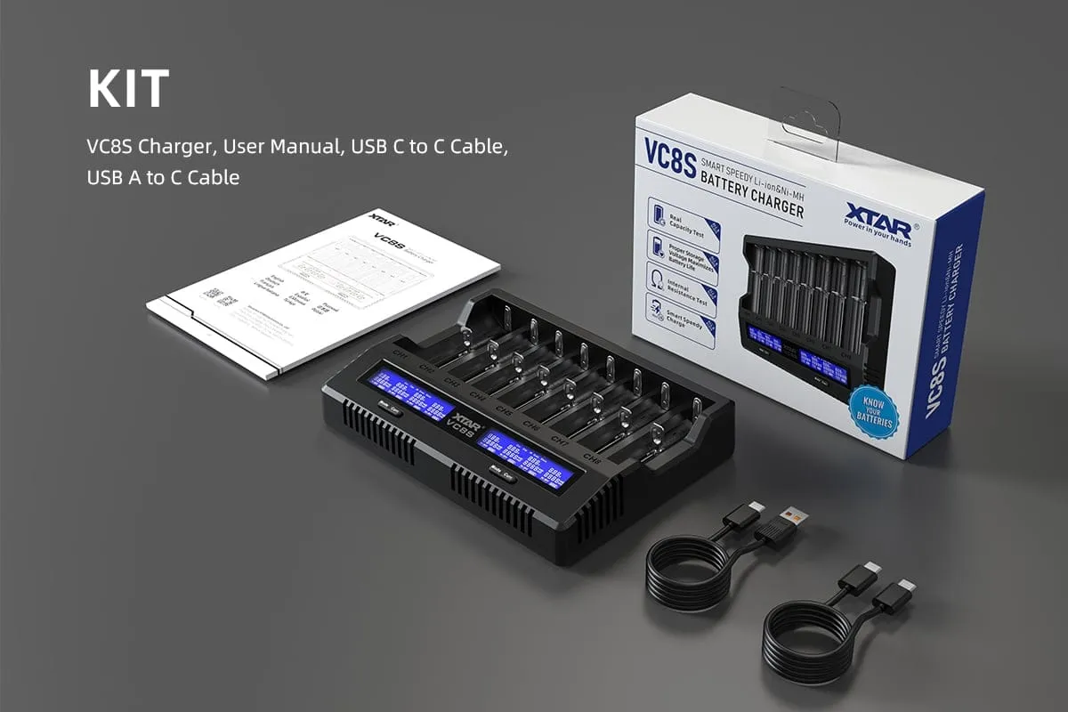 XTAR VC8S 8-Slot Charger | 3A USB C Fast Charge, LCD Display |18650, 21700 AA, AAA Ni-MH Li-ion Battery Charger for Flas