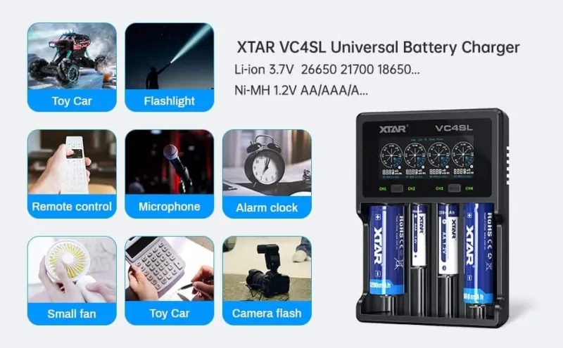 XTAR VC4SL Charger: 4-Bay USB-C Fast 3A Charger for 18650, 21700, AA, AAA & More | LCD, Capacity Test | Flashlights, Vap