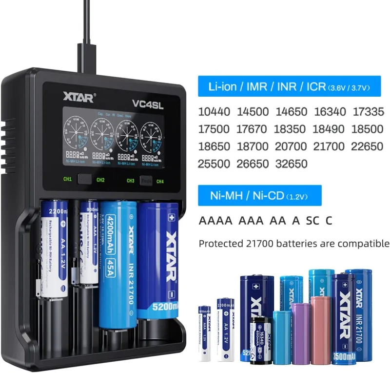 XTAR VC4SL Charger: 4-Bay USB-C Fast 3A Charger for 18650, 21700, AA, AAA & More | LCD, Capacity Test | Flashlights, Vap