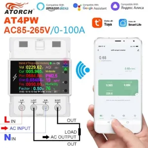 Atorch AT4PW WiFi Smart Energy Meter - 100A | Real-Time Monitor | Smart Life App | 26500W, DIN Rail Mount | Home Automation