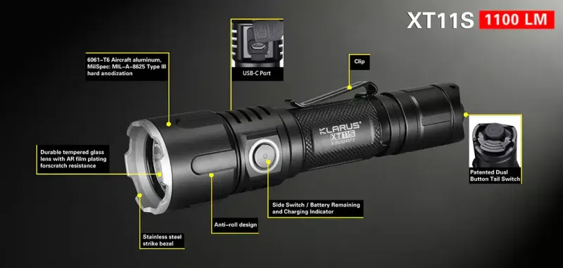 Klarus XT11S: 330m (1082ft) Tactical Flashlight | 1100 Lumens, Waterproof, Rechargeable, Durable | Ideal for Security, C