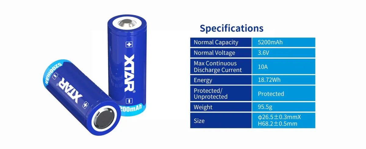 🔋 XTAR 26650 5200mAh 10A Flat-Top Rechargeable Li-ion Battery (With PCB)