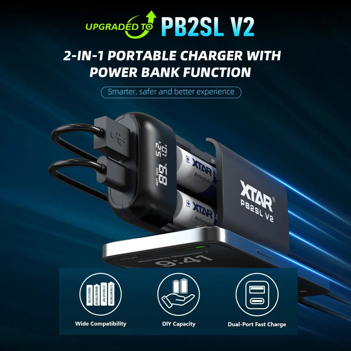 XTAR PB2SL 2-slots Battery Charger & Power Bank for 18650 / 21700
