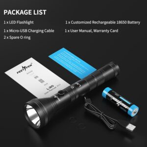 Buy Best 400M Peetpen L30 Led Usb Rechargeable Flashlight 1200 Lumens 400Meters Beam Ipx6 Waterproof 2Sc Li Ion 1200Mah Batteryincluded 5 Price In Kenya Lumen Vault 400M Peetpen L30- Led Usb Rechargeable Flashlight 1200 Lumens, 400Meters Beam, Ipx6 Waterproof, 2Sc Li-Ion 1,200Mah Battery(Included) Super Bright Flashlights Peetpen L30 Flashlight Adopts German Osram P8 Led, The Maximum Output Is 1200 Lumens, And The Maximum Beam Length Nearly 1968Ft(600M). The Flashlights Are 7.97In Length, Weigh 8.47Oz With A Battery.4 Modes / Convenient Operation?Features 4 Modes Settings: High / Low / Strobe / Sos. One Button Is Used For All Operations, So No Complicated Operation Process. The Ergonomic Design Of Led Flashlights Does Not Feel Tired After Using The Flashlight For A Long Time. Give You A Comfortable Experience.Usb Rechargeable Flashlight. This Led Torch Is Powered By A 18650 Rechargeable Li-Ion Battery, Also It Comes Charging Cable (Included) To Charges The Battery. The Flashlight'S High Lumens Full Recharge In Just 3 Hours And After Being Fully Charged In Low Mode, It Can Continue To Use For 9 Hours. It With Low Battery Indicator Built Into The Light And The Red/Green Shows On The Switch To Indicate Battery Power And Charging Status.?Waterproof And Durable. The Rechargeable Flashlight Is Made Of Strong Aluminum Alloy, Ipx6-Rated Water-Resistant, And Designed For Use In Heavy Rain And Impact Resistance Of 1 Meter. Its Durable Aluminum Body And Shock-Resistance Endure Rough Handling.The Packing List Includes 1 Peetpen L30 Flashlight, 1 Rechargeable Battery (In The Flashlight), 2 Waterproof Backup Rings, And 1 User Manual. Free Returns Within 30 Days. Free Maintenance Within 1 Year, Customer Service 24 * 7 Hours.