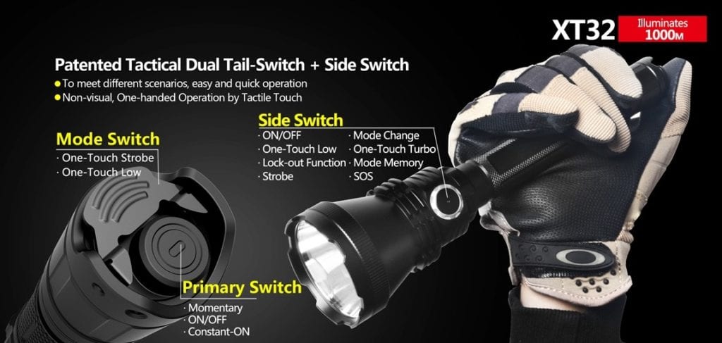 Klarus Xt32 004 1 1,200 Lumens 1000M/1Km Beam Comes With 2(Two) 2,600Mah Li-Ion Battery Brightness Outputs: Turbo 1200 Lumens - 3 Hours High 400 Lumens - 7 Hours Medium 100 Lumens - 34 Hours Low 20 Lumens - 120 Hours Ipx-8 (Submersible Up To 2 Meters). Can Withstand Continuous Immersion In Water Warranty: 5Yrs