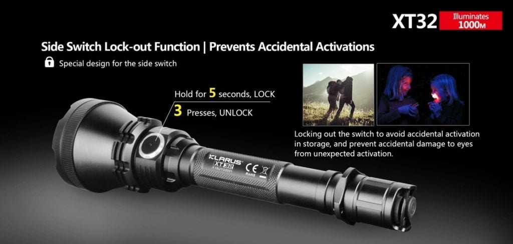 Klarus Xt32 006 1 1,200 Lumens 1000M/1Km Beam Comes With 2(Two) 2,600Mah Li-Ion Battery Brightness Outputs: Turbo 1200 Lumens - 3 Hours High 400 Lumens - 7 Hours Medium 100 Lumens - 34 Hours Low 20 Lumens - 120 Hours Ipx-8 (Submersible Up To 2 Meters). Can Withstand Continuous Immersion In Water Warranty: 5Yrs