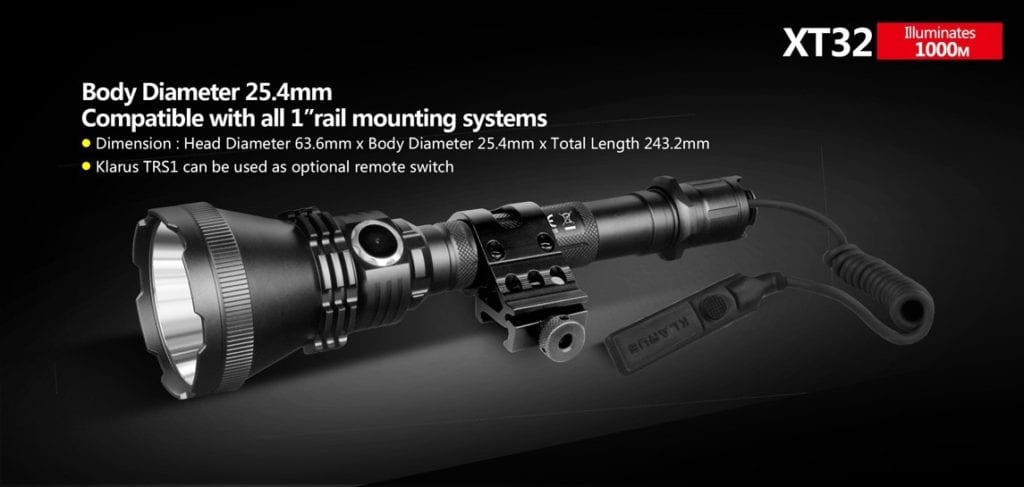 Klarus Xt32 011 1 1,200 Lumens 1000M/1Km Beam Comes With 2(Two) 2,600Mah Li-Ion Battery Brightness Outputs: Turbo 1200 Lumens - 3 Hours High 400 Lumens - 7 Hours Medium 100 Lumens - 34 Hours Low 20 Lumens - 120 Hours Ipx-8 (Submersible Up To 2 Meters). Can Withstand Continuous Immersion In Water Warranty: 5Yrs