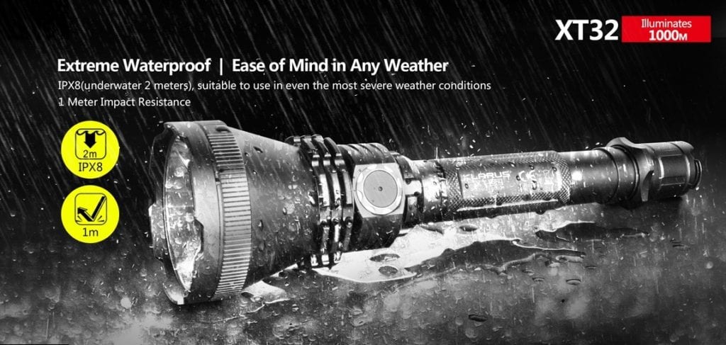 Klarus Xt32 013 1 1,200 Lumens 1000M/1Km Beam Comes With 2(Two) 2,600Mah Li-Ion Battery Brightness Outputs: Turbo 1200 Lumens - 3 Hours High 400 Lumens - 7 Hours Medium 100 Lumens - 34 Hours Low 20 Lumens - 120 Hours Ipx-8 (Submersible Up To 2 Meters). Can Withstand Continuous Immersion In Water Warranty: 5Yrs