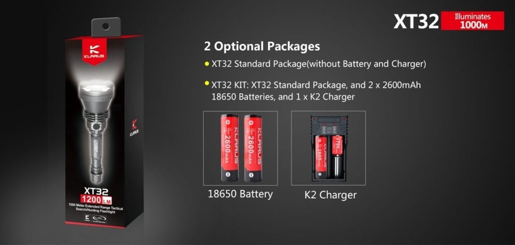 Klarus Xt32 019 1 1,200 Lumens 1000M/1Km Beam Comes With 2(Two) 2,600Mah Li-Ion Battery Brightness Outputs: Turbo 1200 Lumens - 3 Hours High 400 Lumens - 7 Hours Medium 100 Lumens - 34 Hours Low 20 Lumens - 120 Hours Ipx-8 (Submersible Up To 2 Meters). Can Withstand Continuous Immersion In Water Warranty: 5Yrs