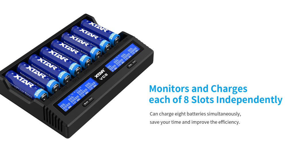 1Wnbshc8R7Sghpuy Oqrvg The?Xtar Vc8?Is An 8-Channel Charger That Supports Li-Ion, Nimh, And Nicd Chemistries. This Charger Supports Qc3.0 Fast Charging And Has A Max 3A Current For Each Slot. This Can Be Changed Manually To Either 3A, 2A, 1A, 0.5A, Or 0.25A Allowing The User To Adjust The Currents To The Demands Of Their Batteries. The?Xtar Vc8?Utilizes A Usb-C Input Current For Faster Charging Of All The Batteries. Another Great Bonus To This Battery Charger Is That Integrated Lcd Screen That Provides Real-Time Information Including Voltage, Capacity, Internal Resistance, And Battery Type. The?Vc8 Has Two User Modes: Grade And Storage. Storage Mode Makes It Easier To Charge Or Discharge Batteries To Their Rated Voltage To Maximize The Lifespan Of Your Batteries Especially When They'Re In Transport. Grade Mode Tests The True Capacity Of Your Batteries So You'Ll Know What They'Re Truly Capable Of.