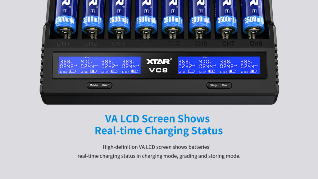 Pwpjnj4Rnejmwfcfyictw The?Xtar Vc8?Is An 8-Channel Charger That Supports Li-Ion, Nimh, And Nicd Chemistries. This Charger Supports Qc3.0 Fast Charging And Has A Max 3A Current For Each Slot. This Can Be Changed Manually To Either 3A, 2A, 1A, 0.5A, Or 0.25A Allowing The User To Adjust The Currents To The Demands Of Their Batteries. The?Xtar Vc8?Utilizes A Usb-C Input Current For Faster Charging Of All The Batteries. Another Great Bonus To This Battery Charger Is That Integrated Lcd Screen That Provides Real-Time Information Including Voltage, Capacity, Internal Resistance, And Battery Type. The?Vc8 Has Two User Modes: Grade And Storage. Storage Mode Makes It Easier To Charge Or Discharge Batteries To Their Rated Voltage To Maximize The Lifespan Of Your Batteries Especially When They'Re In Transport. Grade Mode Tests The True Capacity Of Your Batteries So You'Ll Know What They'Re Truly Capable Of.