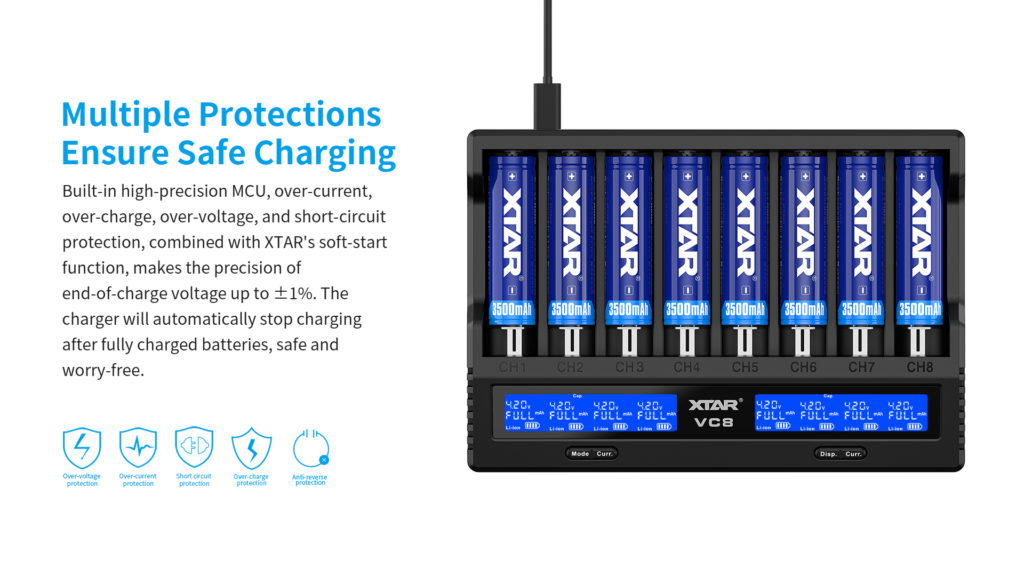 Zavqaqgrtfq2C2Czlk0H4W The?Xtar Vc8?Is An 8-Channel Charger That Supports Li-Ion, Nimh, And Nicd Chemistries. This Charger Supports Qc3.0 Fast Charging And Has A Max 3A Current For Each Slot. This Can Be Changed Manually To Either 3A, 2A, 1A, 0.5A, Or 0.25A Allowing The User To Adjust The Currents To The Demands Of Their Batteries. The?Xtar Vc8?Utilizes A Usb-C Input Current For Faster Charging Of All The Batteries. Another Great Bonus To This Battery Charger Is That Integrated Lcd Screen That Provides Real-Time Information Including Voltage, Capacity, Internal Resistance, And Battery Type. The?Vc8 Has Two User Modes: Grade And Storage. Storage Mode Makes It Easier To Charge Or Discharge Batteries To Their Rated Voltage To Maximize The Lifespan Of Your Batteries Especially When They'Re In Transport. Grade Mode Tests The True Capacity Of Your Batteries So You'Ll Know What They'Re Truly Capable Of.