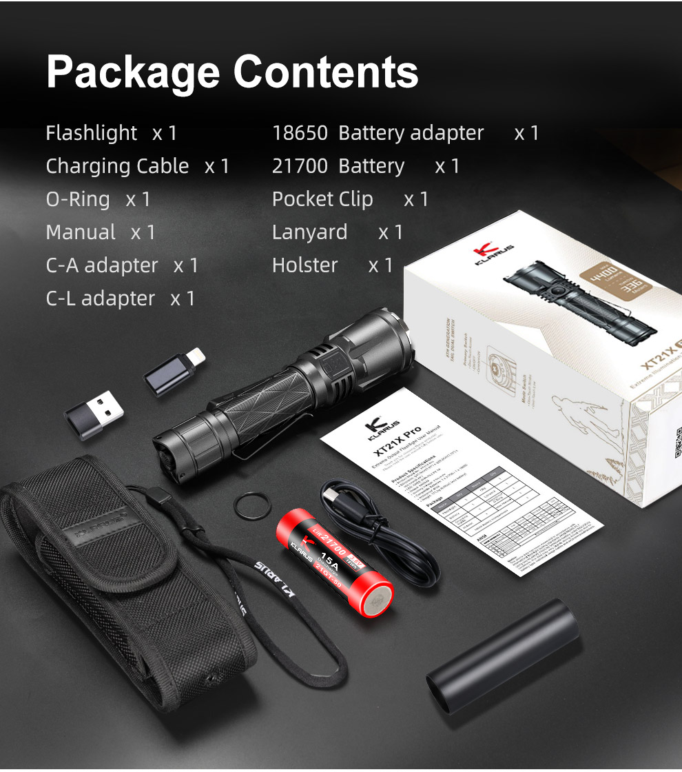 Klarus Xt21X Flashlight Torch 16 The Klarus Xt21X Pro, A Non-Zoomable Tactical Torch In The League Of Top Brands Like Led Lenser And Maglite. It Boasts An Impressive 4400 Lumens Output And An Exceptional Beam Throw Of 336 Meters. Equipped With Usb-C Charging And Cellphone Charger Mode, It Can Swiftly Recharge Your Phone From 0% To 100% With Its Usb-C To Usb-C Charging Compatibility. This Versatile Flashlight Offers A Choice Between Tactical And Outdoor Settings, Thanks To Its Dual-Switch Design, Making It Suitable For Various Scenarios. With One-Touch Access To Strobe, Turbo, And Low Modes, And A Selection Of 5 Brightness Levels, The Klarus Xt21X Pro Is Undeniably One Of The Best Tactical Flashlights On The Market.