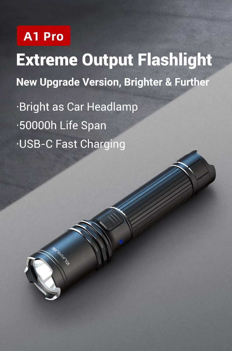 Klarus A1 Pro Flashlight 5 Features Of The Klarus A1 Pro Torch With Usb-C Rechargeable Flashlight:&Lt;P&Gt;• Brightness, Runtime And Beam Range Specs☼ High – 1300 Lumens, 3.2 Hours, 230 Meters☼ Medium – 200 Lumens, 11 Hour Run Time, 110M Range☼ Low – 30 Lumens, 72 Hour Run Time, 51M Range☼ Strobe – 1000 Lumens, 6.6 Hour Run Time&Lt;/P&Gt; &Lt;P&Gt;• Maximum Beam Range Of 754 Feet (230 Meters)• Waterproof To Ipx6 Standard• Impact Resistant• 6061-T6 Aerospace Grade Aluminum Construction• Mid Body Switches▹ Primary Switch – Fully Press For On Or Off; Light Press To Change Brightness▹ Tactical Strobe Switch – Press For Strobe From Any Mode▹ Always Turns On In Last Brightness Level Used• Usb-C Charging▹ Attach Included Usb-C Cable To Flashlight For Charging▹ Charging Indicator Changes From Red To Blue When Charging Is Complete• Battery Status Indicator Glows For 5 Seconds When Light Is Switched On▹ Blue – 70-100%▹ Red – 15-30%▹ Flashing Red – &Lt;15%&Lt;/P&Gt;