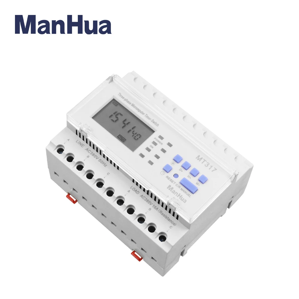 Mt317 16A Din Rail Digital Timer Switch 220Vac380Vac 3 Phase 3 Wire Time Control 1 The Manhua Mt317 3-Phase Digital Timer Switch Is A 16A Din Rail Timer Switch For Precise Time Control In 380Vac Systems. It Offers Minute, Hourly, Daily And Weekly Scheduling With Up To 16 Programmable Settings.  The Din Rail-Mounted Design Ensures Easy Installation, And It Operates Reliably In Temperatures From -10℃ To +60℃. The Mt317 Provides Dependable Three-Phase Time Control For Both Commercial And Industrial Applications.