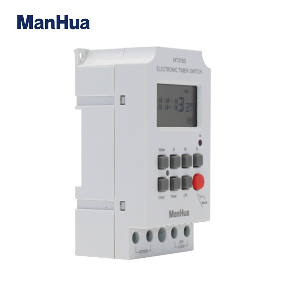 Manhua Mt316S Programmable Digital Timer Switch For Din Rail 220Vac 25A 1 The Manhua Mt316S Programmable Digital Timer Switch Is Ideal For Minutes/Hourly/Daily/Weekly Scheduling The On/Off Operation Of Lighting, Hvac Systems, Irrigation, School Bell, Street/Security Light And Industrial Machinery. It Enhances Energy Efficiency By Running Devices Only During The Set Schedules, Making It Perfect For Both Residential And Commercial Use.