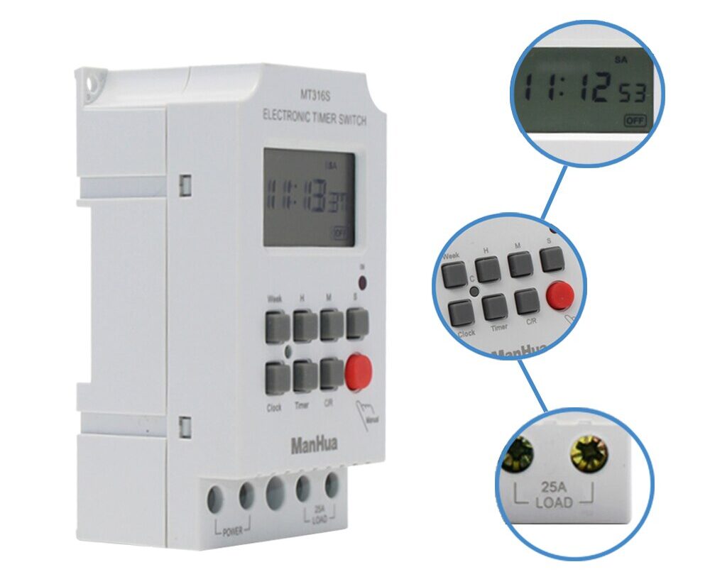 Manhua Mt316S Programmable Digital Timer Switch For Din Rail 220Vac 25A 6 E1726519877648 The Manhua Mt316S Programmable Digital Timer Switch Is Ideal For Minutes/Hourly/Daily/Weekly Scheduling The On/Off Operation Of Lighting, Hvac Systems, Irrigation, School Bell, Street/Security Light And Industrial Machinery. It Enhances Energy Efficiency By Running Devices Only During The Set Schedules, Making It Perfect For Both Residential And Commercial Use.