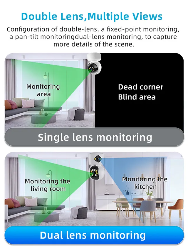 Wifi Dual Lens Baby Monitor Baby Monitor Nanny Cctv Camera With Human Detection Survaillance Camera For Home 1 6Mp Wifi Nanny Cctv Baby Monitor, Icsee App How It Works: Has Dual Lenses For Monitoring Two Sides At The Same Time, Displaying Split-Screen Footage On Your Phone Using The Icsee App(See The Demo Pics Below).Control It From Anywhere In The WorldYou Can Listen And Talk To The Person On The Other End, Rotate The Nanny Cctv From Your Smartphone, OrEnable Automatic Motion Tracking For Following Movement.Sd Card Slot Or Cloud For Storing The Recorded Footage Which Can Be Reviewed On Your Phone. Has Night Vision For Seeing In The Night, And It Captures In Either Colored Or Black 'N' White Pictures. Connect To More That 5 Phones. Key Features Of The Nanny Camera Surveillance Cctv: Ultra-Clear Imaging: Enjoy 6Mp Resolution With Dual Lenses For Comprehensive Home Monitoring. One Lens Has Fixed Zoom; The Other Is Remotely Adjustable Via Your Mobile Device.Smart Night Vision: Equipped With Infrared And White Lights For Clear Visibility Day And Night, Allowing Remote Control For Real-Time Monitoring.24/7 Recording: Continuous Monitoring With Motion And Sound Detection, Plus Instant Smartphone Alerts. Ideal For Pet Monitoring Or As A Nanny Cam.Two-Way Audio: Communicate In Real-Time With Built-In Speakers And Microphones. Easily Share Access With Family Members For Collaborative Home Protection.Secure Storage: Supports Micro Sd Cards (Up To 128Gb, Not Included) And Cloud Storage For Footage Protection. Versatile Mounting Options For Easy Placement.