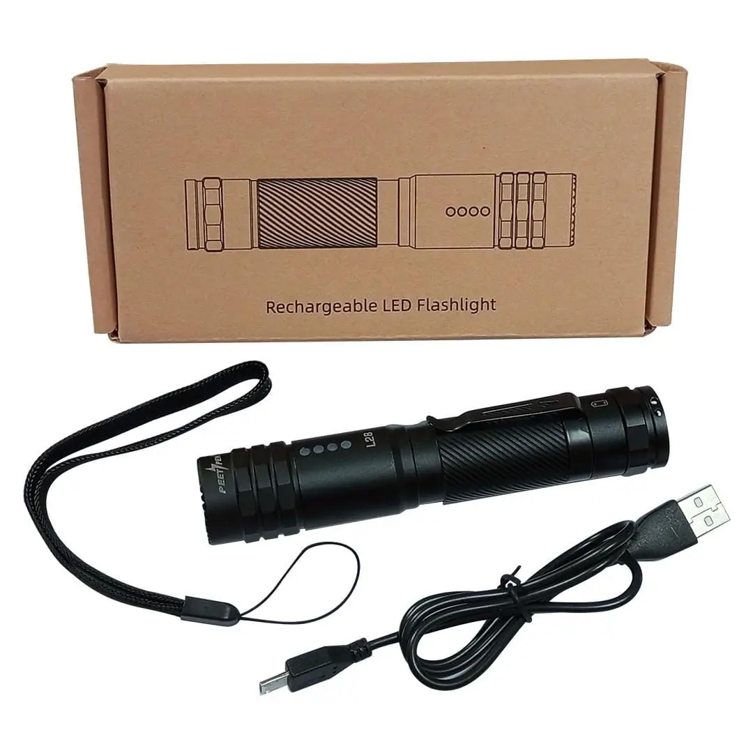 Peetpen L28 5 Don’t judge it by its size—this palm-sized torch is brighter than most large flashlights and perfect for everyday use. The Peetpen L28 is a compact yet extremely powerful rechargeable Pocket LED flashlight built for security guards, campers, rural use, and emergencies.