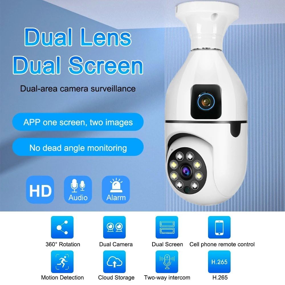 Wifi Dual V380 Bulb Camera 8 Smart Motion Detection And Auto-Tracking Allow The Camera To Follow Movement Automatically. With Two-Way Audio, You Can Hear And Speak To Anyone Near The Camera — Whether You'Re Greeting Guests Or Warding Off Unwanted Visitors.