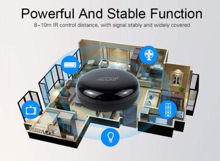 Alexa Voice-Controlled IR Remote for TVs Smart IR remote controlling TV via Alexa voice commands in a cozy living room setup.