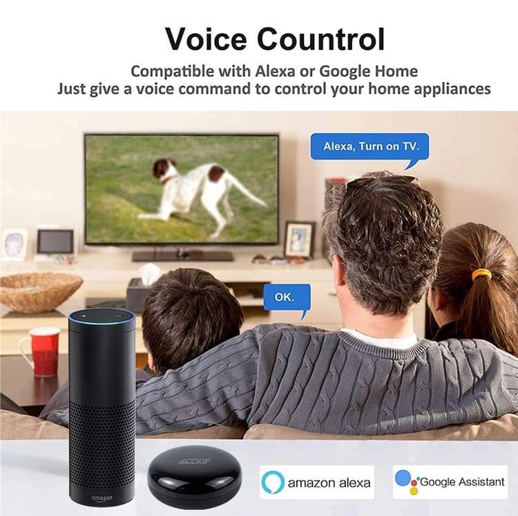 Alexa-Enabled Smart IR TV Remote Smart IR remote enabling voice control of TV with Alexa in a cozy living room setup.