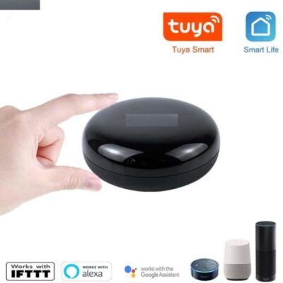 Smart IR remote enabling voice control of TV via Alexa in a bustling living room for hands-free entertainment.