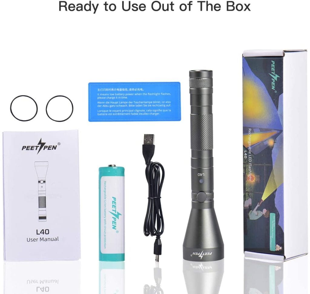 PEETPEN L40 Flashlight: 900lm, 300m Beam, USB Rechargeable, Aluminum, IPX67 Waterproof - Camping, Hiking, Emergency 10 61ULvsqfcCL. AC SL1200 The PEETPEN L40 flashlight provides a bright 900 lumen output, illuminating up to 300 meters. It features USB rechargeable functionality, multiple lighting modes, and IP67 waterproof durability, making it ideal for everyday carry and emergency preparedness. ๐ ๏ธKey Features: โ
900 lumen LED bulb for bright illumination
โ
Lights up objects up to 300 meters away
โ
USB rechargeable with included 18650 battery and cable
โ
Low power warning function flashes to remind you to recharge
โ
Four lighting modes: High, Low, Strobe, SOS
โ
Compact design fits in pockets, backpacks, or glove compartments
โ
IP67 waterproof rating for use in various weather conditions
โ
Constructed from durable aluminum alloy with skid-proof and abrasion-resistant design
โ
Includes flashlight, rechargeable battery, 2 backup waterproof rings, and user manual โฌ๏ธSCROLL DOWN TO SEE DESCRIPTIONโฌ๏ธ