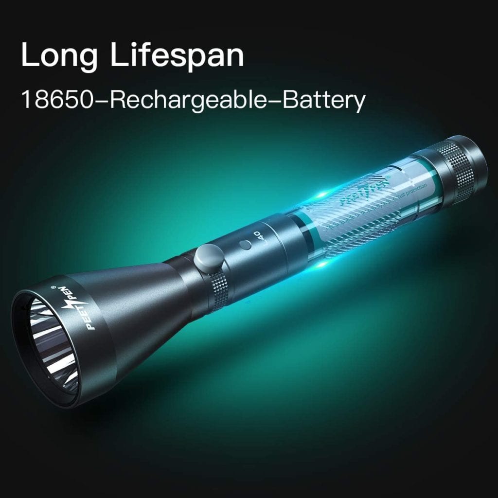 PEETPEN L40 Flashlight: 900lm, 300m Beam, USB Rechargeable, Aluminum, IPX67 Waterproof - Camping, Hiking, Emergency 6 61g5J73fPCL. AC SL1200 The PEETPEN L40 flashlight provides a bright 900 lumen output, illuminating up to 300 meters. It features USB rechargeable functionality, multiple lighting modes, and IP67 waterproof durability, making it ideal for everyday carry and emergency preparedness. ๐ ๏ธKey Features: โ
900 lumen LED bulb for bright illumination
โ
Lights up objects up to 300 meters away
โ
USB rechargeable with included 18650 battery and cable
โ
Low power warning function flashes to remind you to recharge
โ
Four lighting modes: High, Low, Strobe, SOS
โ
Compact design fits in pockets, backpacks, or glove compartments
โ
IP67 waterproof rating for use in various weather conditions
โ
Constructed from durable aluminum alloy with skid-proof and abrasion-resistant design
โ
Includes flashlight, rechargeable battery, 2 backup waterproof rings, and user manual โฌ๏ธSCROLL DOWN TO SEE DESCRIPTIONโฌ๏ธ