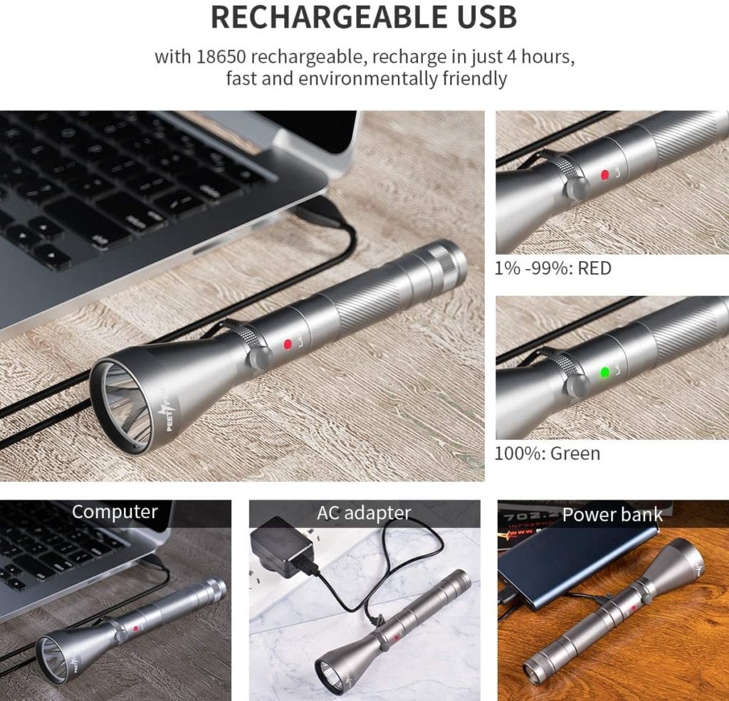 PEETPEN L40 Flashlight: 900lm, 300m Beam, USB Rechargeable, Aluminum, IPX67 Waterproof - Camping, Hiking, Emergency 3 71sN8VJwHeL. AC SL1200 The PEETPEN L40 flashlight provides a bright 900 lumen output, illuminating up to 300 meters. It features USB rechargeable functionality, multiple lighting modes, and IP67 waterproof durability, making it ideal for everyday carry and emergency preparedness. ๐ ๏ธKey Features: โ
900 lumen LED bulb for bright illumination
โ
Lights up objects up to 300 meters away
โ
USB rechargeable with included 18650 battery and cable
โ
Low power warning function flashes to remind you to recharge
โ
Four lighting modes: High, Low, Strobe, SOS
โ
Compact design fits in pockets, backpacks, or glove compartments
โ
IP67 waterproof rating for use in various weather conditions
โ
Constructed from durable aluminum alloy with skid-proof and abrasion-resistant design
โ
Includes flashlight, rechargeable battery, 2 backup waterproof rings, and user manual โฌ๏ธSCROLL DOWN TO SEE DESCRIPTIONโฌ๏ธ