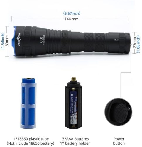 Buy best 0.26 km PEETPEN C60 USB Rechargeable LED Flashlighttorch 1000Lumens IPX6 Waterproof 1 year warranty price in Kenya Lumen Vault Illuminate your surroundings with the PEETPEN C60 zoomable LED flashlight. Featuring a powerful 1000 Lumens output and a beam range of up to 260 meters, this durable aluminum alloy flashlight is IPX6 waterproof and drop-resistant up to 1 meter. It's ideal for camping, search and rescue, and outdoor activities. 🛠️Key Features: ✅ Super bright with 1000 Lumens output. ✅ Maximum beam range of 260 meters (0.26 km). ✅ Advanced T6 XML LED for superior illumination. ✅ IPX6 waterproof rating for reliable use in rain or snow. ✅ Constructed from sturdy and durable aluminum alloy. ✅ 1-meter drop resistance for rugged use. ✅ Compatible with 3 AAA batteries (included) or 18650 rechargeable battery (not included). ✅ Includes AAA batteries, holder, 18650 plastic tube, lanyard, and user manual. ⬇️SCROLL DOWN TO SEE DESCRIPTION⬇️