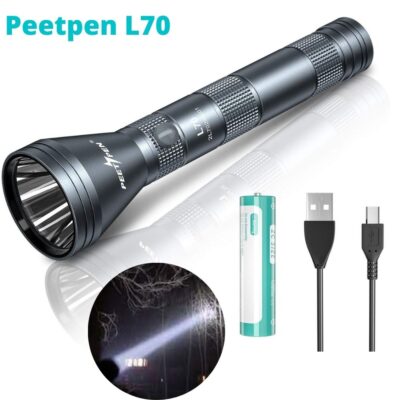 Peetpen L70 1500lm LED flashlight casting a long beam for hiking trails in Kenyan forests.