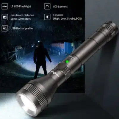 PEETPEN L9 flashlight illuminating a trail during hiking, with 500 lumens and 120m beam for night navigation.