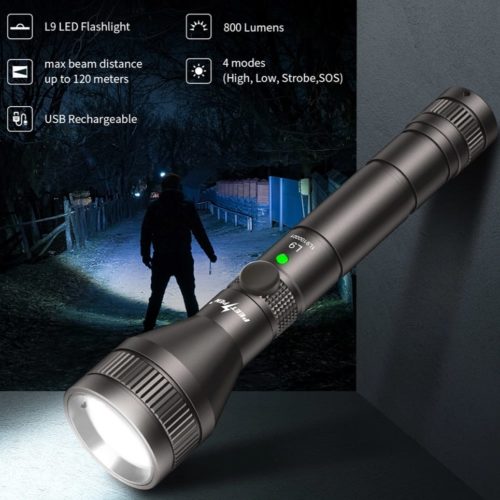 PEETPEN L9 Camping LED Torch PEETPEN L9 flashlight illuminating a trail during hiking, with 500 lumens and 120m beam for night navigation.