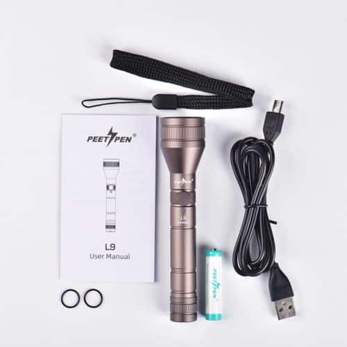 PEETPEN L9 Camping Torch 500 Lumens PEETPEN L9 500lm flashlight for camping, illuminating trails with 120m beam and USB recharge.