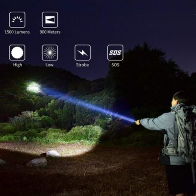 PEETPEN L80 flashlight illuminating a camping trail, showcasing 1500 lumens for nighttime adventures in the wilderness.