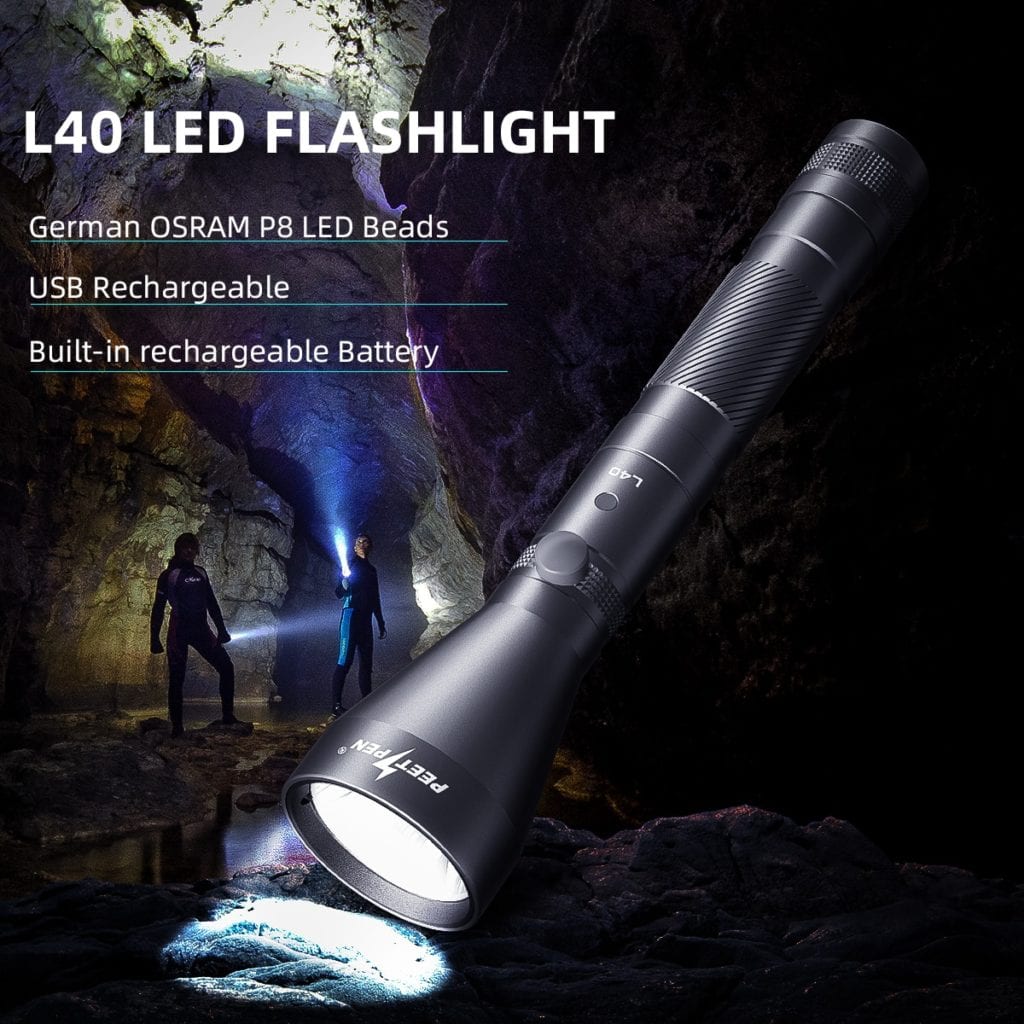 PEETPEN L40 Flashlight: 900lm, 300m Beam, USB Rechargeable, Aluminum, IPX67 Waterproof - Camping, Hiking, Emergency 2 petty cash box main 600x600 1 The PEETPEN L40 flashlight provides a bright 900 lumen output, illuminating up to 300 meters. It features USB rechargeable functionality, multiple lighting modes, and IP67 waterproof durability, making it ideal for everyday carry and emergency preparedness. ๐ ๏ธKey Features: โ
900 lumen LED bulb for bright illumination
โ
Lights up objects up to 300 meters away
โ
USB rechargeable with included 18650 battery and cable
โ
Low power warning function flashes to remind you to recharge
โ
Four lighting modes: High, Low, Strobe, SOS
โ
Compact design fits in pockets, backpacks, or glove compartments
โ
IP67 waterproof rating for use in various weather conditions
โ
Constructed from durable aluminum alloy with skid-proof and abrasion-resistant design
โ
Includes flashlight, rechargeable battery, 2 backup waterproof rings, and user manual โฌ๏ธSCROLL DOWN TO SEE DESCRIPTIONโฌ๏ธ