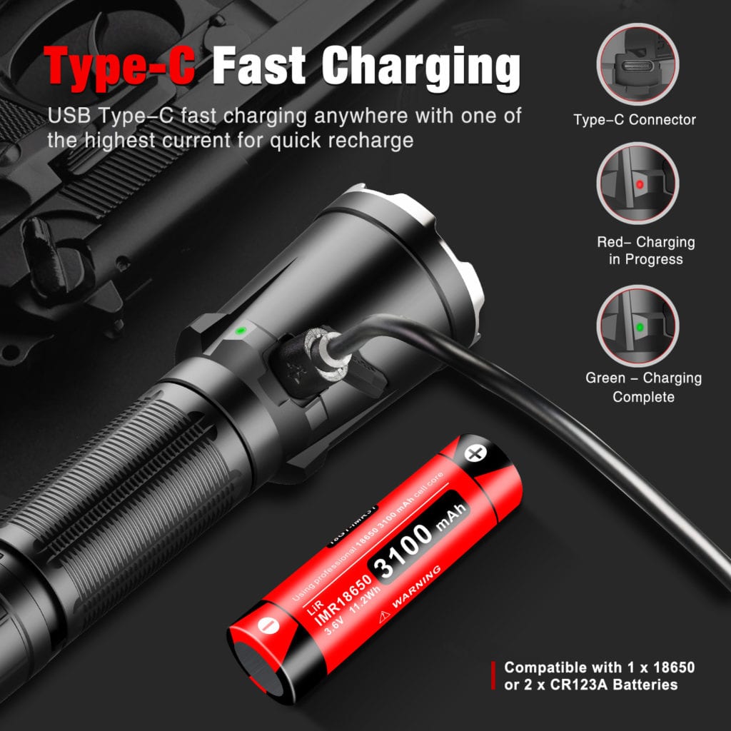 Klarus XT11GT Torch: 2200 Lumens, USB-C Rechargeable Tactical Flashlight with Dual Tail Switches. Security, Outdoor, Emergency Use. Includes 3100mAh Battery & Holster. 2 20200927173259 340 This powerful Klarus XT11GTย Torch delivers up to 2200 lumens and features USB-C rechargeable convenience. Its advanced dual tail switches offer instant access to Turbo and Strobe modes, making it ideal for security professionals and outdoor enthusiasts alike. ๐ ๏ธKey Features: โ
Max Output: 2200 Lumens โ
Cree XHP35 HD LED โ
USB C Rechargeable โ
3100mAh 18650 Battery Included โ
Instant Access to Turbo & Strobe โ
IPX8 Waterproof Rating โ
1-meter Impact Resistant โ
PVD Gray Crenelated Head for Glass Breaking โ
Smooth Reflector & Hardened Mineral Glass Lens โ
Tailcap Dual-Switch Design โฌ๏ธSCROLL DOWN TO SEE DESCRIPTIONโฌ๏ธ