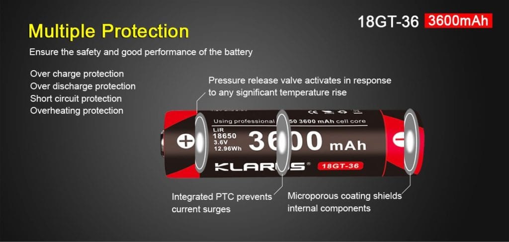 5 f08b2c1a 3fd1 43ce 9025 ef186f2254c6 1145x545 This Klarus 18650 Li-ion battery offers a robust 3600mAh capacity for extended device runtimes. It features integrated protection against overcharge, over-discharge, short circuits, and overheating, making it a reliable power source for compatible Klarus flashlights and other high-drain devices. Its durability is proven by its use in applications like Tesla electric cars, ideal for outdoor adventures, professional use, and emergency preparedness. 🛠️Key Features: ✅ Compatible with Klarus XT11X, E1, XT11, XT11GT, XT30R, XT12GT, XT2CR, AR10, G10, ST15R, ST10, 360X1, 360x3
✅ High capacity: 3600mAh
✅ Protected cell with overcharge, over-discharge, short circuit, and overheating protection
✅ Li-Ion chemistry
✅ Button top design
✅ Nominal voltage: 3.6V
✅ Max continuous discharge: 7A
✅ Safety certified: CE, ROHS
✅ Durable construction with proven reliability ⬇️SCROLL DOWN TO SEE DESCRIPTION⬇️