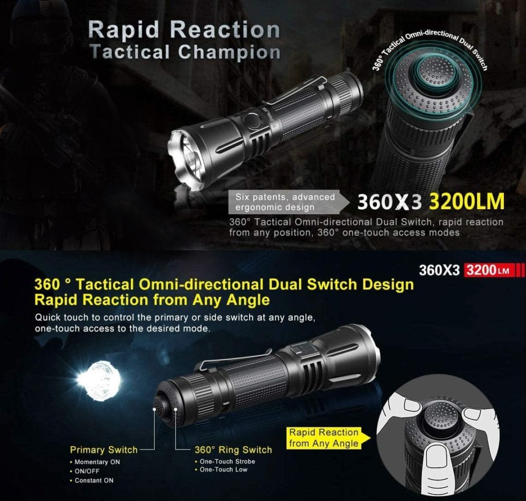 Klarus 360X3 Flashligh(DISCONTINUED) 2 718muPYJafL. AC SL1140 1 The 360X3 flashlight offers versatile control with its triple switch design and omni-directional tail switches for immediate response. Featuring up to 3200 lumens, it includes one-touch access to Turbo, Strobe, and Low modes. This flashlight is ideal for various outdoor activities like camping, hiking, hunting, and search and rescue operations. ๐ ๏ธKey Features: โ
CREE XHP70.2 P2 LED with up to 3200 lumens
โ
Omni-directional tail switches for 360ยฐ control
โ
One-Touch Turbo, One-Touch Strobe, One-Touch Low
โ
Two programmable settings (Outdoor and Classic)
โ
Intelligent Thermal Protection System (ITS)
โ
Intelligent Battery Identification System (IBIS)
โ
Intelligent Charging System (ICS) with Micro-USB
โ
Waterproof IPX-8 (2 meters submersible)
โ
Impact resistance up to 1 meter
โ
Aerospace Aluminium alloy body with CNC machining โฌ๏ธSCROLL DOWN TO SEE DESCRIPTIONโฌ๏ธ