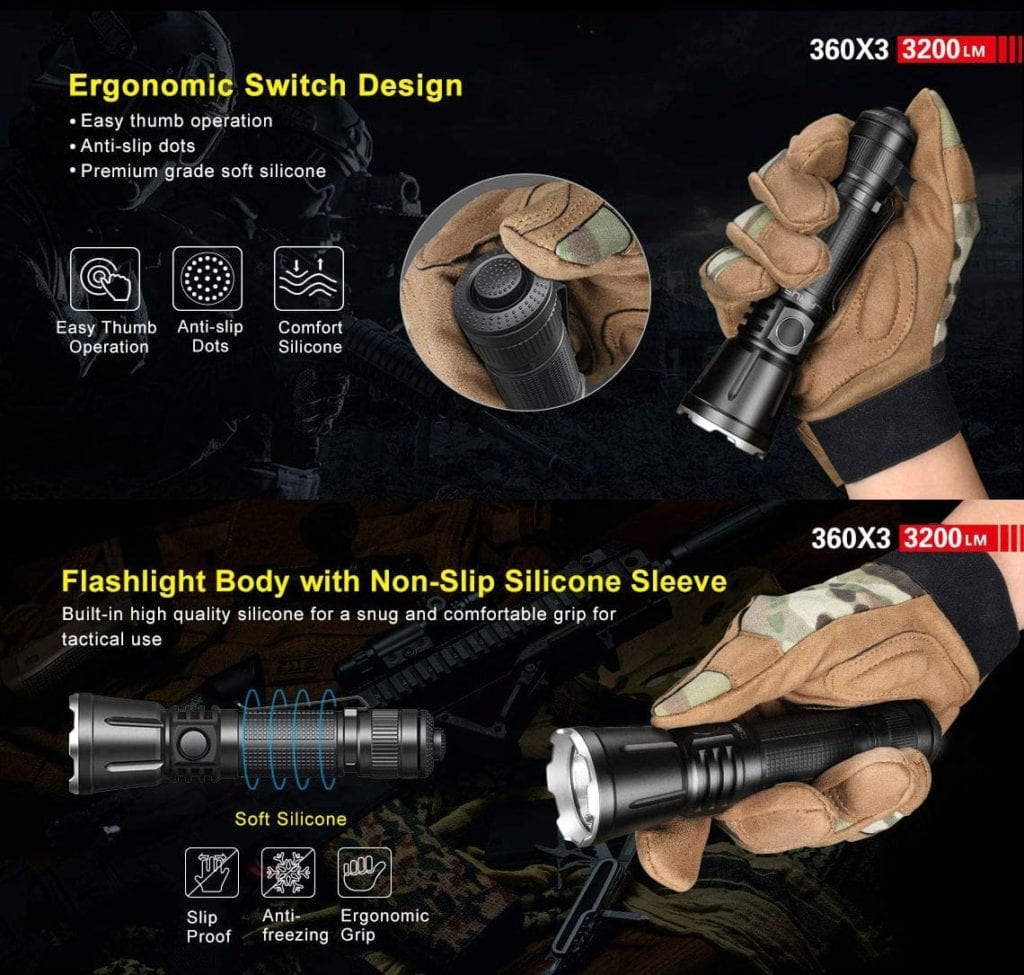 Klarus 360X3 Flashligh(DISCONTINUED) 6 71p cgSJ3hL. AC SL1140 The 360X3 flashlight offers versatile control with its triple switch design and omni-directional tail switches for immediate response. Featuring up to 3200 lumens, it includes one-touch access to Turbo, Strobe, and Low modes. This flashlight is ideal for various outdoor activities like camping, hiking, hunting, and search and rescue operations. ๐ ๏ธKey Features: โ
CREE XHP70.2 P2 LED with up to 3200 lumens
โ
Omni-directional tail switches for 360ยฐ control
โ
One-Touch Turbo, One-Touch Strobe, One-Touch Low
โ
Two programmable settings (Outdoor and Classic)
โ
Intelligent Thermal Protection System (ITS)
โ
Intelligent Battery Identification System (IBIS)
โ
Intelligent Charging System (ICS) with Micro-USB
โ
Waterproof IPX-8 (2 meters submersible)
โ
Impact resistance up to 1 meter
โ
Aerospace Aluminium alloy body with CNC machining โฌ๏ธSCROLL DOWN TO SEE DESCRIPTIONโฌ๏ธ
